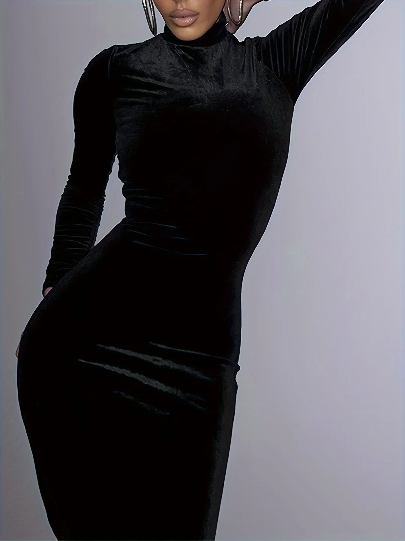 Womens Black Dress Long Sleeve Dress Half High Collar Sexy High Tight Velvet Sheath Dress Evening Party Elegant Vestido Robe 240819