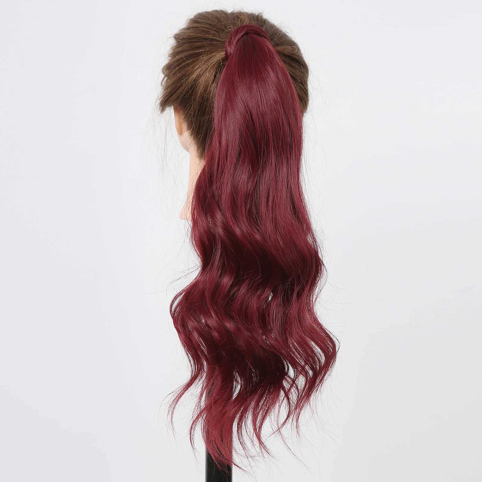 Wine red long wave synthetic ponytail flexible wrapping around hair extends womens daily fake hair party Lolita wig heat-resistant W240817