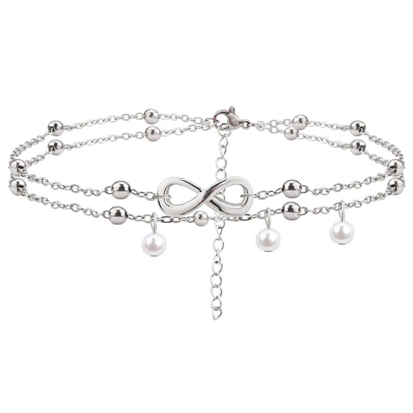 1 piece of 304 stainless steel fashionable connecting rod cable chain multi-layer Anklet imitation pearl infinite symbol 22cm (8 5/8) long W240815