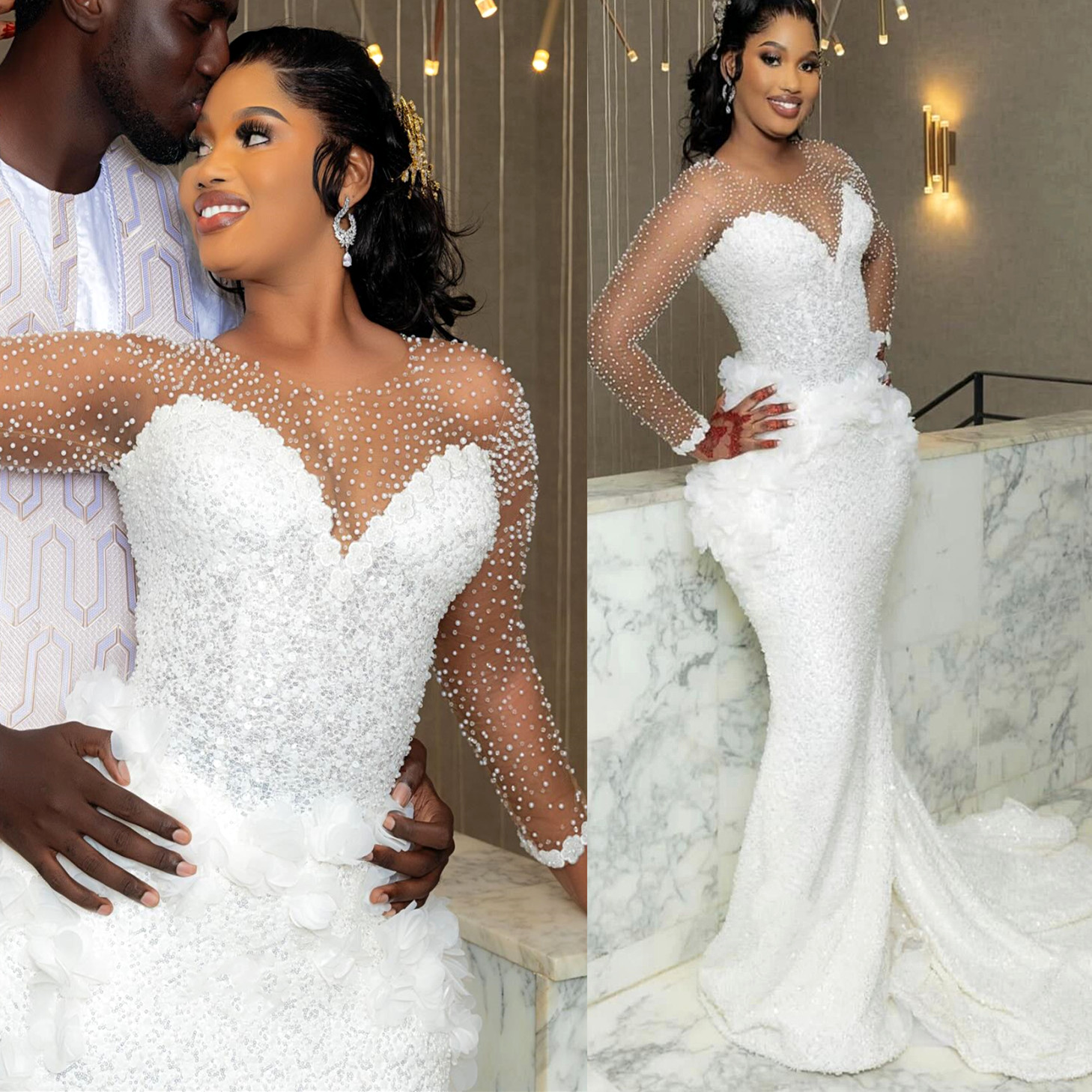 African Aso Ebi 2024 Ivory Mermaid Wedding Dress Sequined Flowers Full Sleeves Beaded Vintage Elegant Bridal Gowns Dresses ZJ208