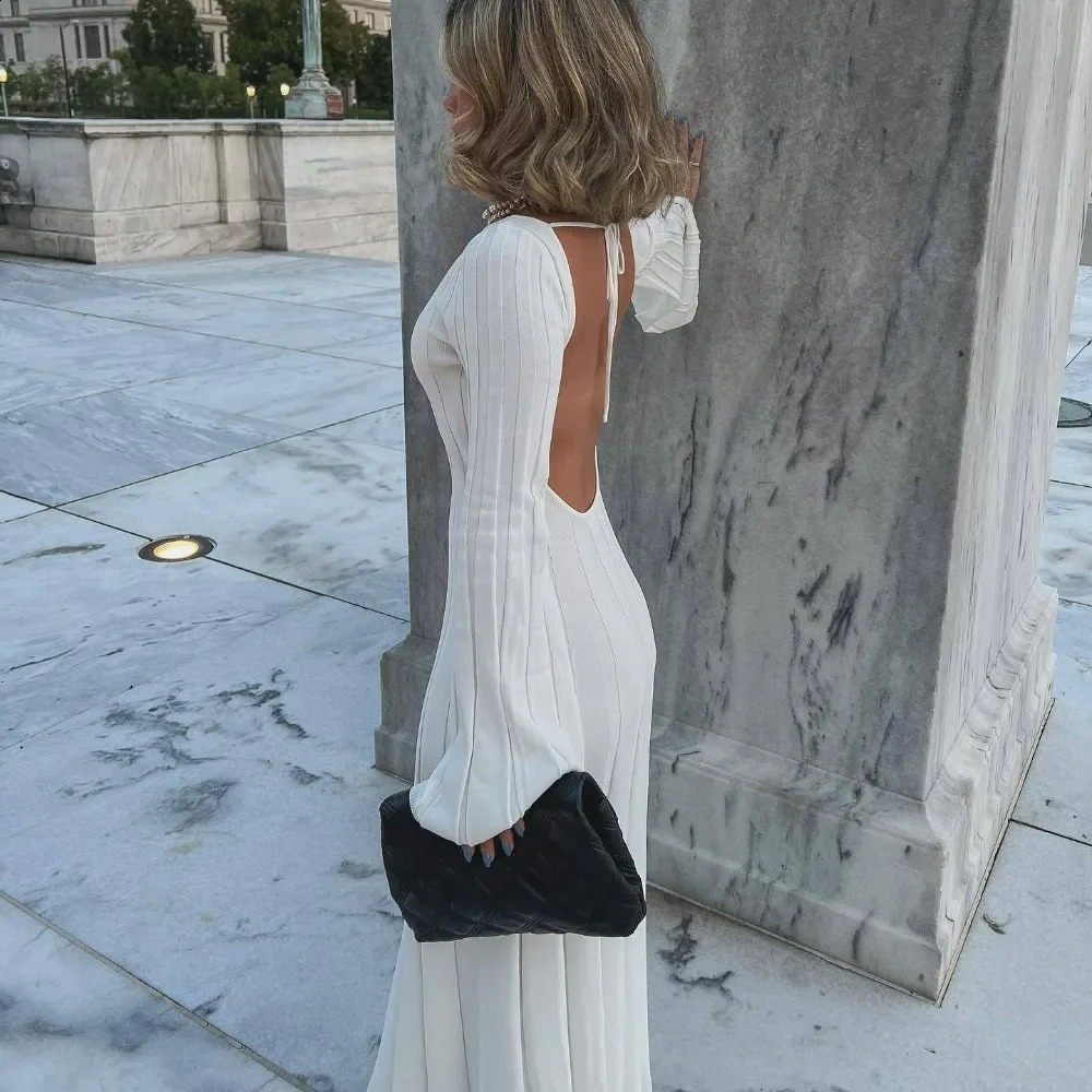 Sexy Backless Midi Dress Women Elegant Long Sleeve Slim Knitted Dresses Autumn Winter Casual Round Neck Basic Dress 240819