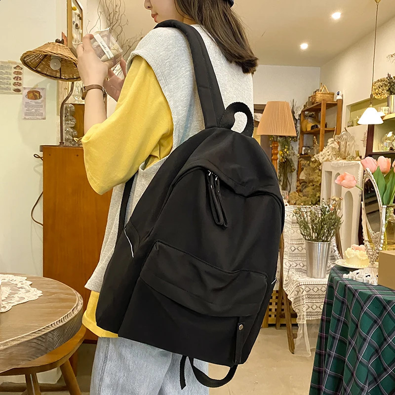 Simple solid color womens backpack waterproof nylon school bag teenage girls travel shoulder 240820