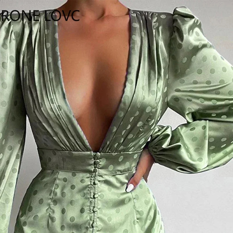 Women Chic Deep V Neck Polka Dot A Line Long Puff Sleeves High Silt Spring Autumn Sexy Party Satin Dress 240819