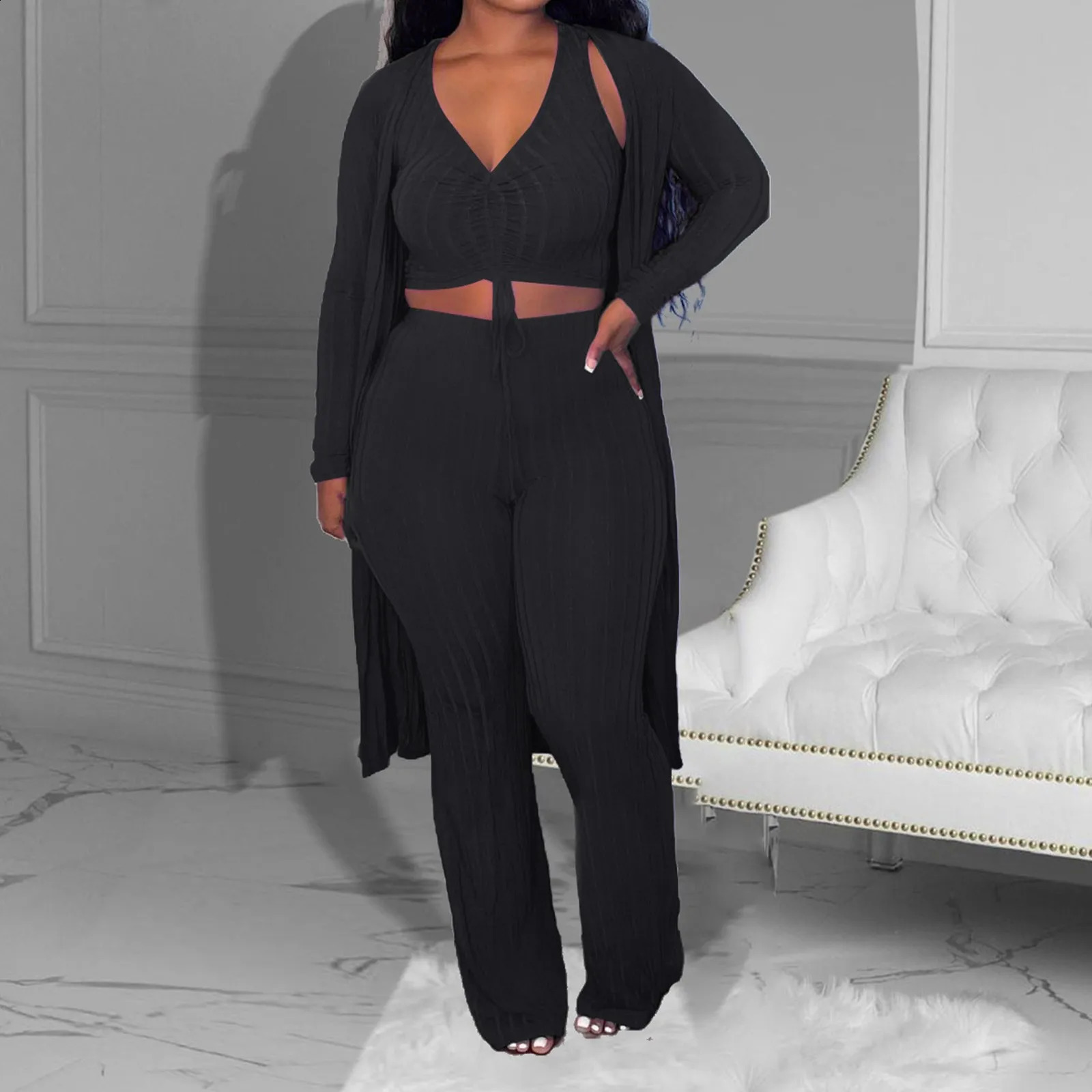 Spring Autumn Fashion Casual 3 Piece Suit Set V Neck VestMid-Length CardiganHigh Waist Trousers HIgh Quality Elastic Tracksuit 240819
