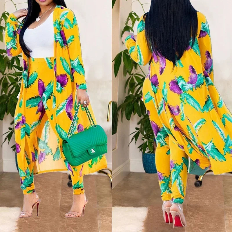 Print Longline Cardigan Coat Pant Sets Women 2 Piece Set 240819