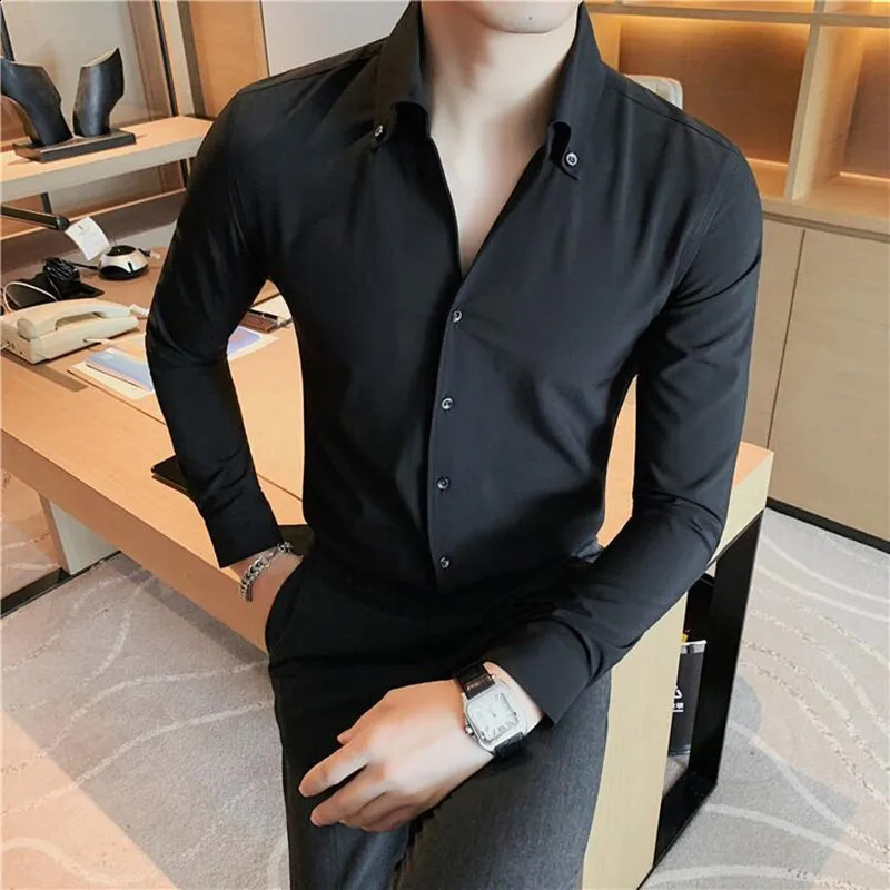 Men Dress Shirt Fashion Long Sleeve Business Social Shirt Male Solid Color Button Down Collar Work White Black Shirt 4XL 240820
