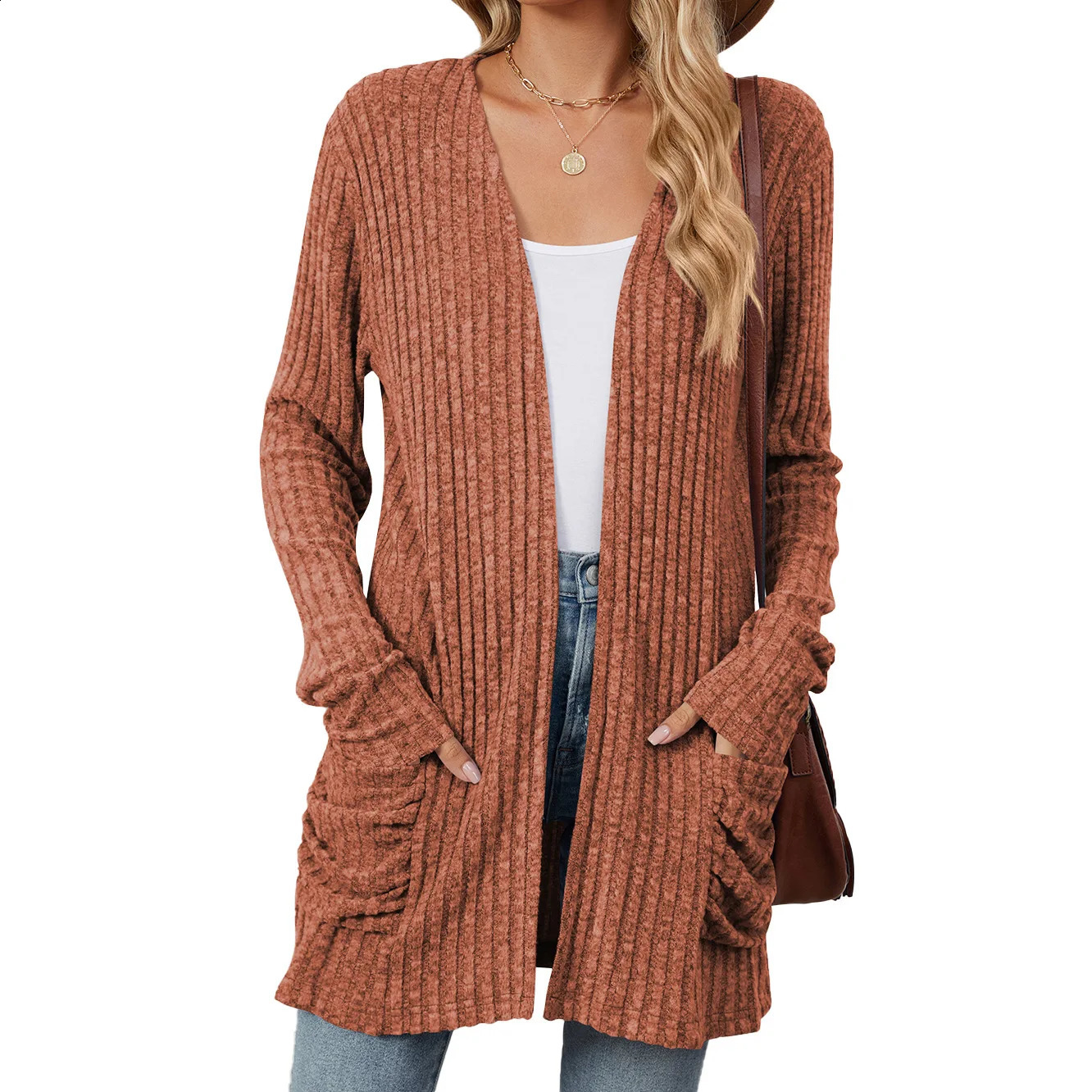 Womens fashionable casual solid cardigan wool sweater pocket knitted top front long sleeved autumnwinter coat 240819