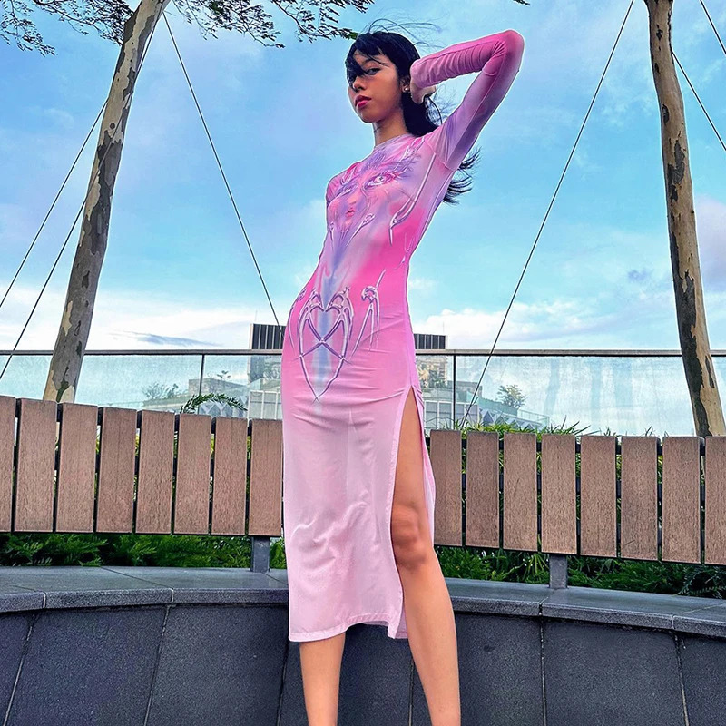 BUILDINGB Women Sexy See Through Spring Autumn Long Sleeve Dress Party Club Streetwear Bodycon Fall Long Dress 240819