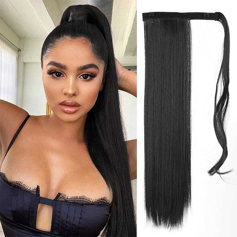 Long and straight ponytail extensions wrapped around synthetic ponytails female hair extensions W240817