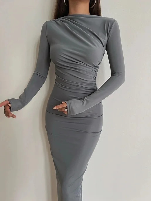 Dress Women Slash Neck Slim Fit Sheath Sexy Long Dresses Full Sleeve Hip Wrap Splice Gown Vestidos Pleated High Waist 240819