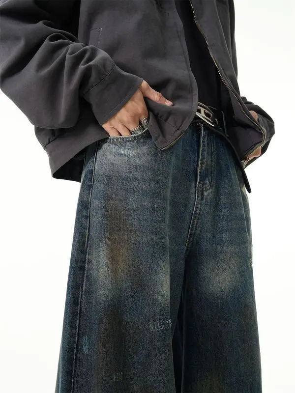 American retro tie dye washed straight leg men and women trendy jeans couple hip-hop street loose wide leg casual pants y2k 240819