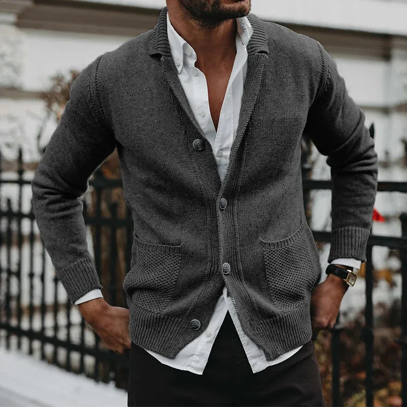 European and American mens autumn winter wool sweater solid color Vneck long sleeved pocket knitted 240819