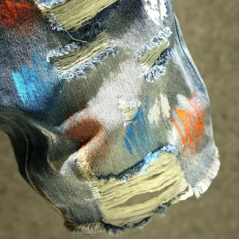 Mens shorts jeans pants multicolor tear graffiti mens denim Korean fashion blue cutting expression trend original Xl 240819