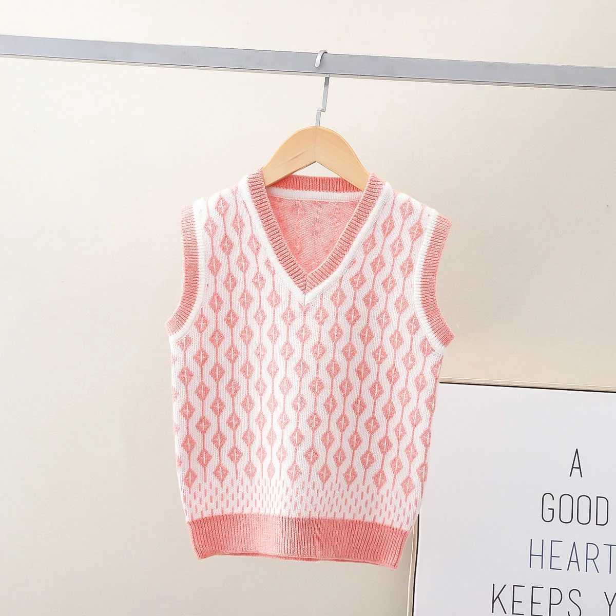 Baby Boys Wool Knit Vest Diamond pattern Kids Waistcoats Sleeveless Sweater For Girls Autumn V-neck Children KnitwearXJ240819