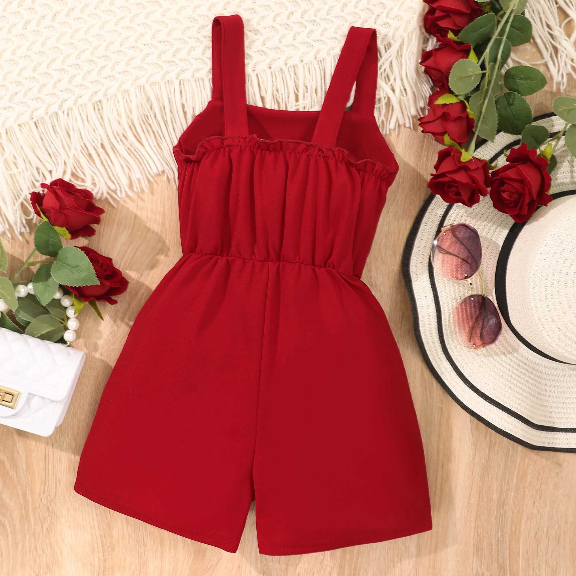 Girls casual solid button decoration sleeveless jumpsuit summer gift W240806