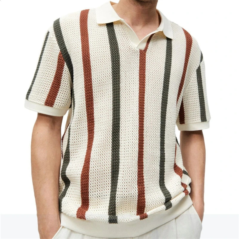 Men Trendy Vintage Striped Patchwork Polo Collar Short Sleeve T-shirt Summer Hollow Casual Loose Pullover Knit Tops Ropa Hombre 240820
