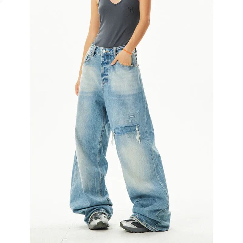 Blue Womens Jeans High Waist Straight Baggy Pants Strtwear American Gradient Female Wide Leg Denim Trouser Z260313