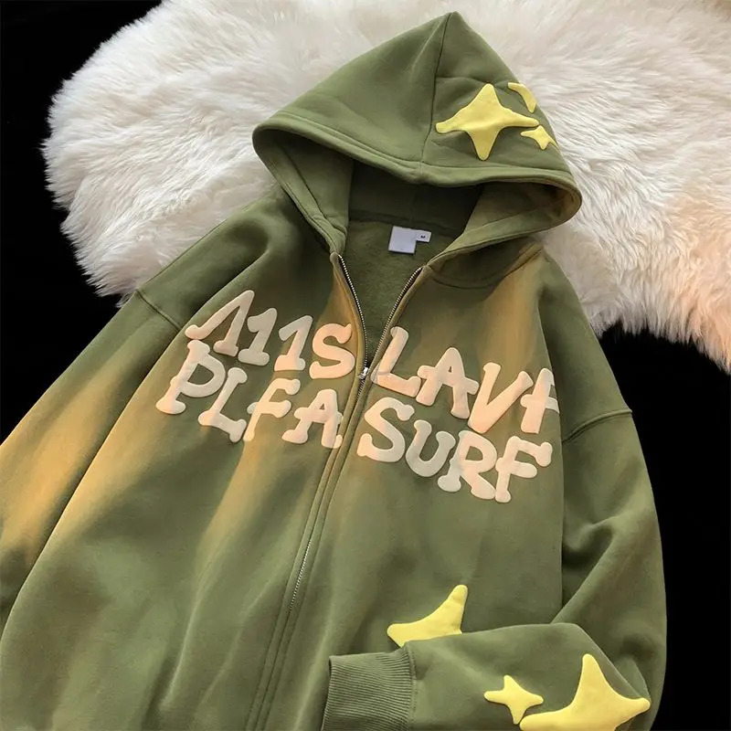 American Letter Print Hoodies Cardigan Womens Y2K Street Hip-Hop Trend Sweatshirts Couple Lazy Wind Loose Zipper Hoodies Coat 240819