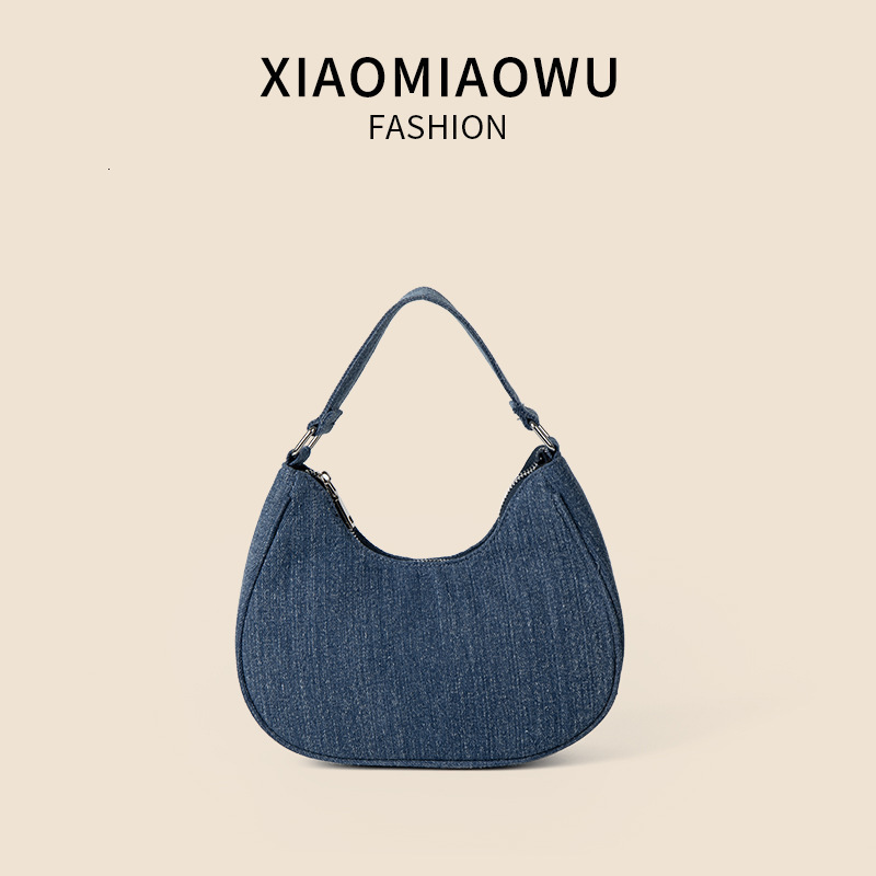 New women's summer versatile denim bag with a sense of luxury, fashion trend, semi-circular handbag for work and commuting women