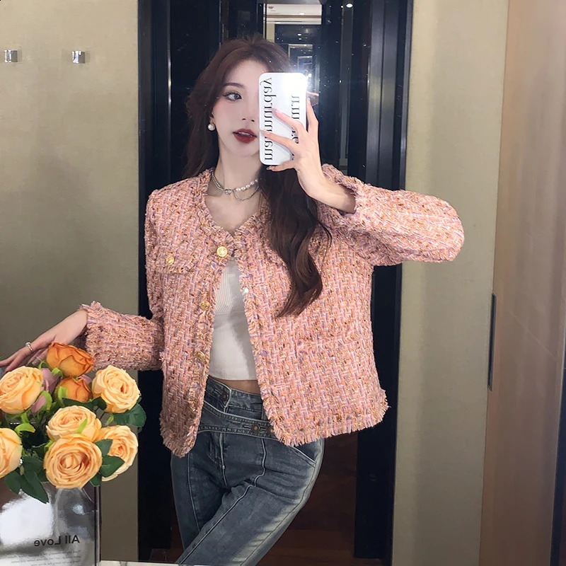 autumn winter retro pink tweed woven jacket womens small perfume Korean tassel wool coat elegant 240819