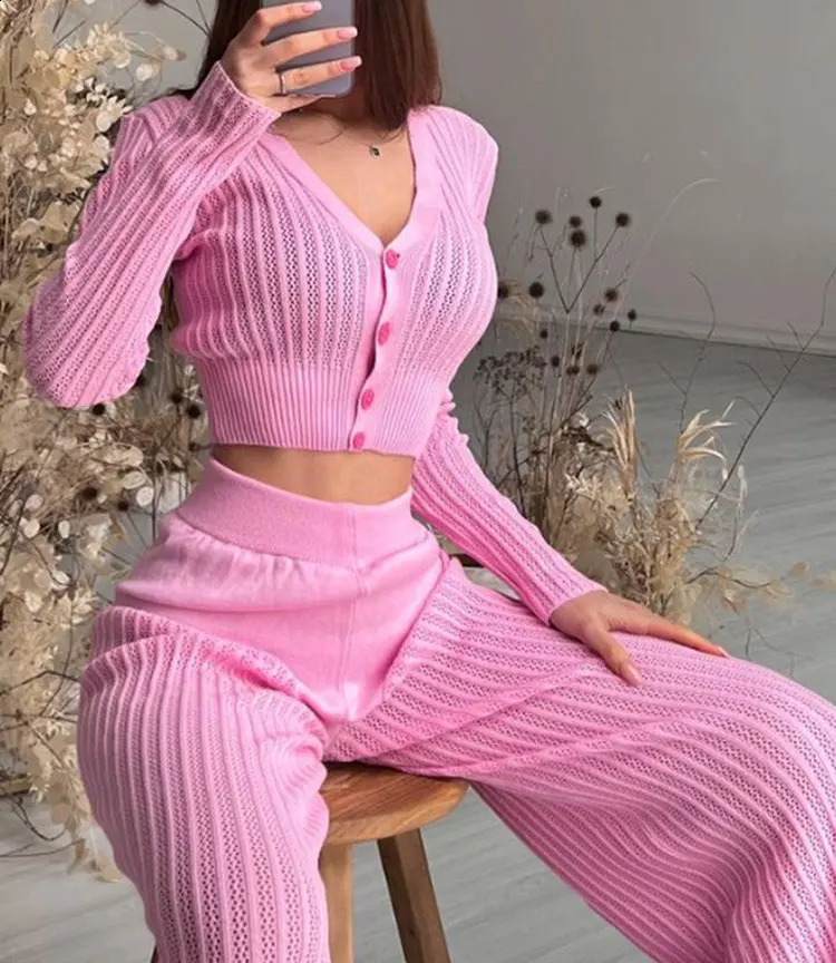 Sexy Hollow out Knitted Pants Sets Womens Long Sleeve Single breasted Short Knitted Sweater Cardigan Flare Pants Two Piece Set 240819