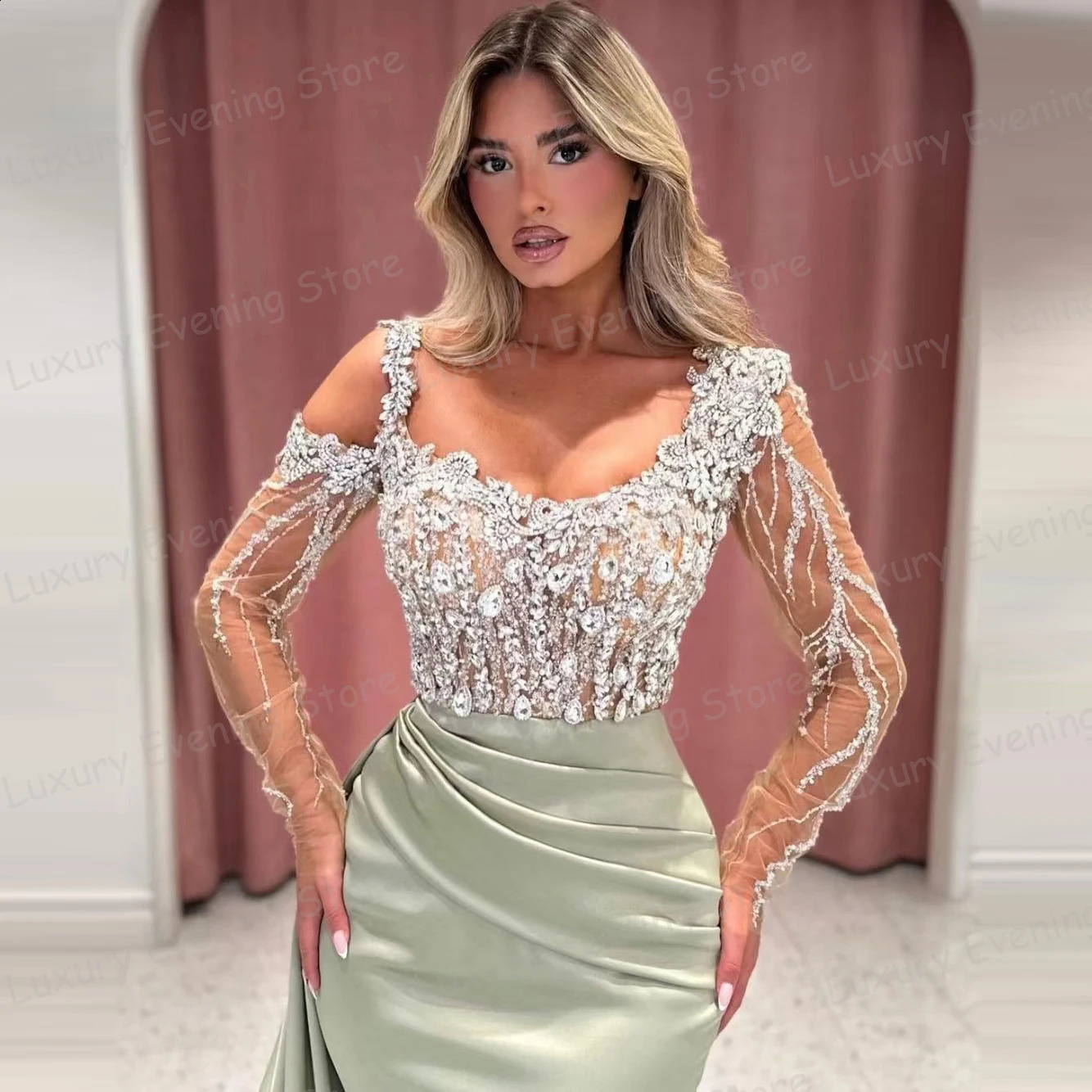 Modern Evening Dresses Womens Mermaid Sexy Sequined Prom Gowns Illusion Long Sleeve Party Elegant Formal Vestido Robe De 240819