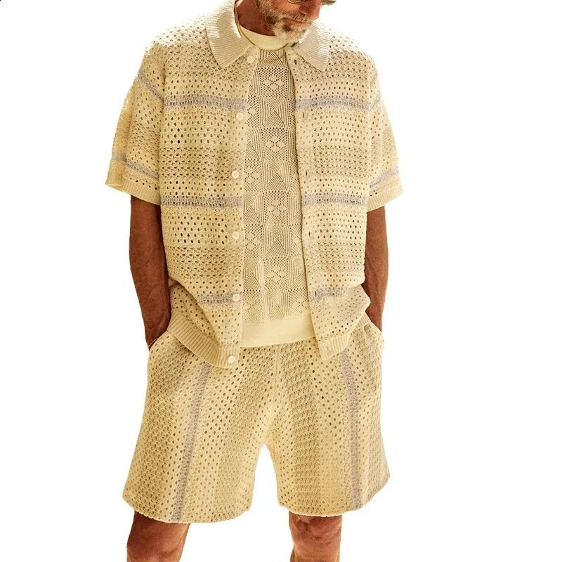 Mens Sets Summer Knitted Cardigan Shorts Color-Blocked Two-Piece Suit Men 240819
