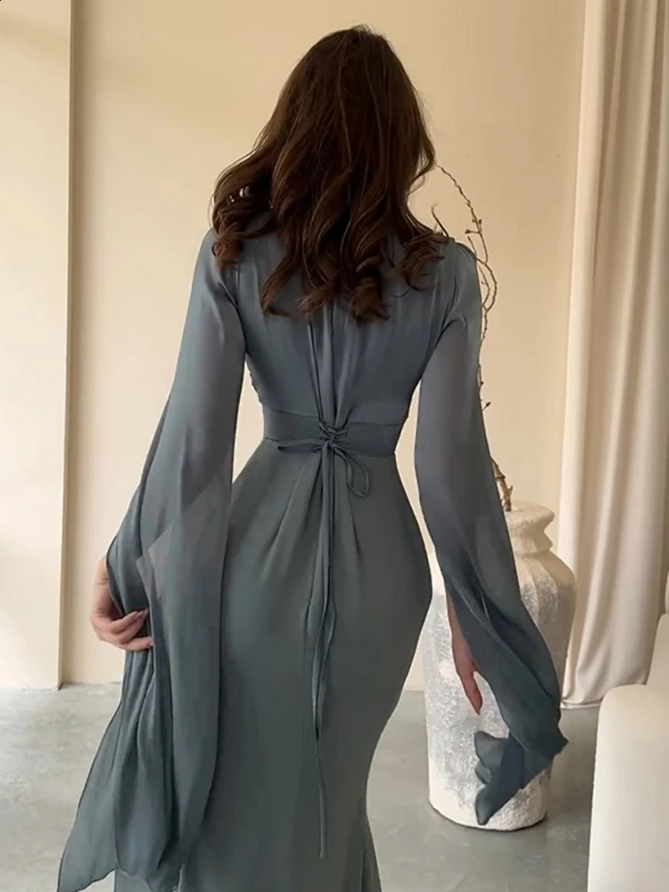 Sexy O Neck Batwing Sleeve Lace-up Slim Fit Long Dress Women Flare Long Sleeve Folds Maxi Dresses Elegant Evening Party Gowns 240819