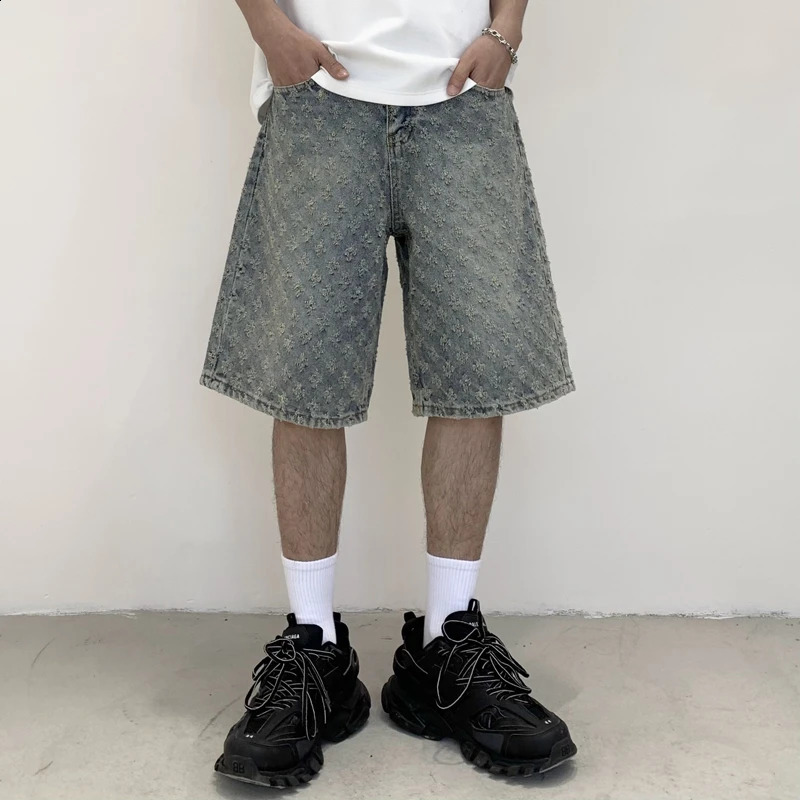 Summer black jacquard mens shorts tear hole knee length denim casual wide leg pants 240819