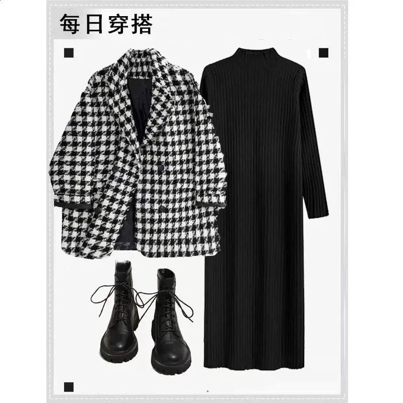 Autumn and Winter Womens Set Korean Checkered Jacket Paired with Slim and Loose Long Sleeved Knitted Dress Two-piece Set 240820