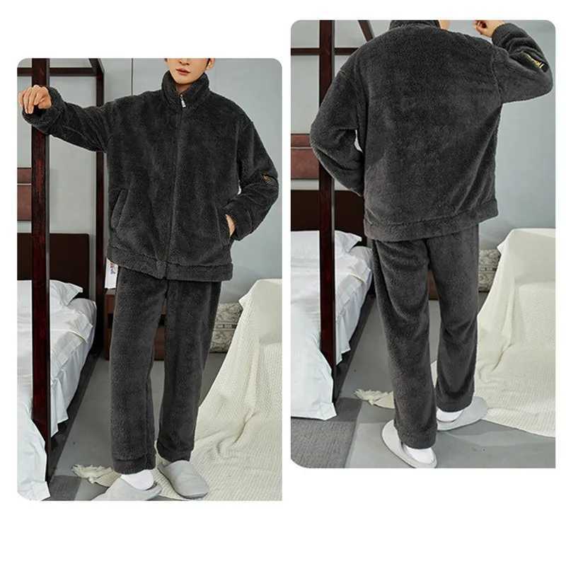 Mens Warm Pajama Set Autumn Winter Thick 2-piece Set Flannel Pajama Flannel Zipper Sleeping Trouser Home ClothingW240719