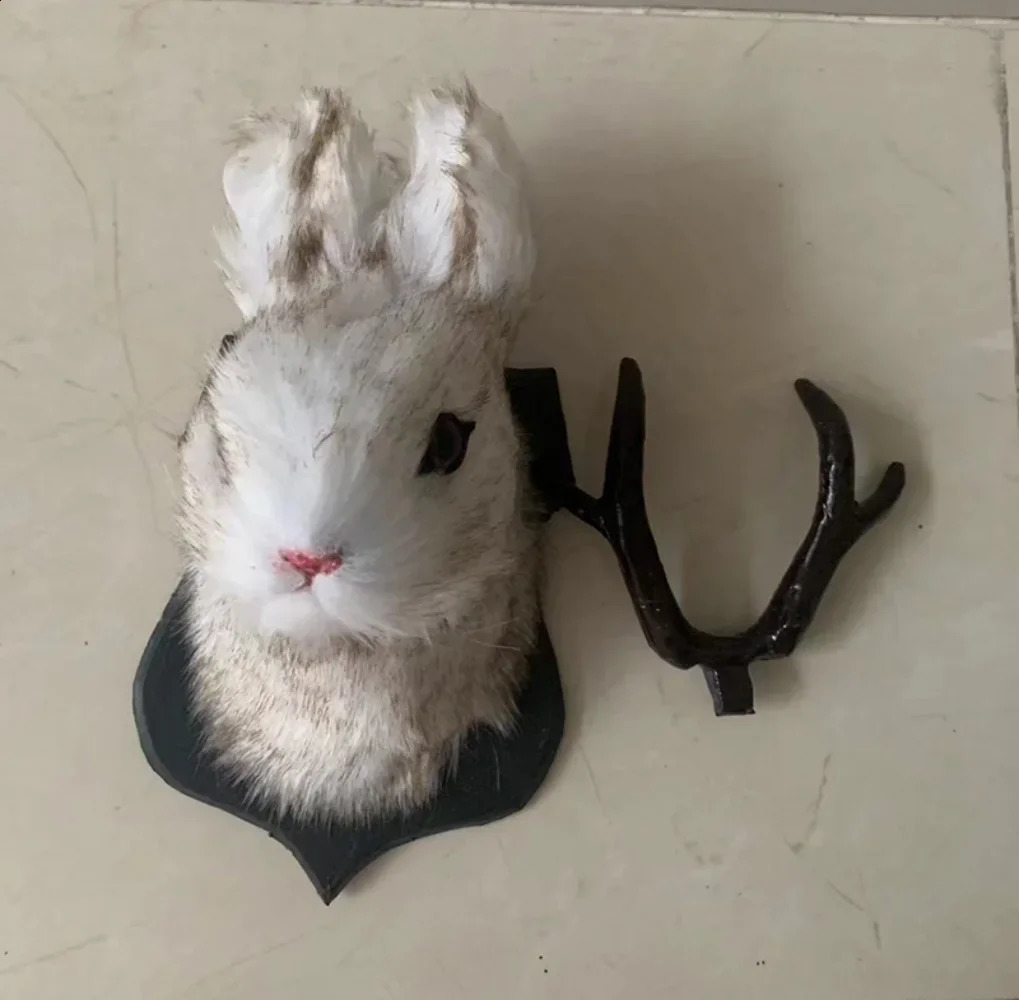 Antler Rabbit Head Wall Mount 3D Simulation Rabbit Furry Animal Taxidermy Easter Home Living Room Backdrop Decoration 240819