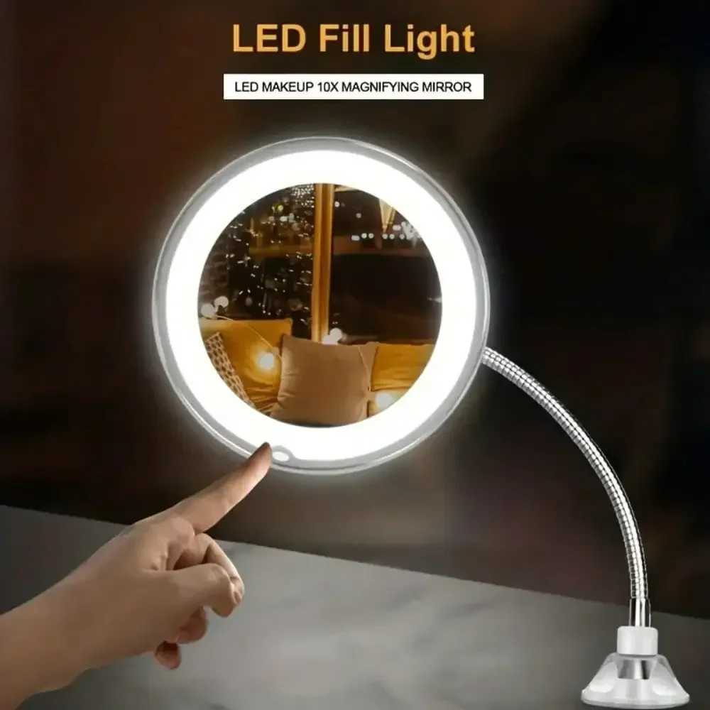 Flexible Gooseneck Makeup Mirror with LED Light 10X Magnifying Mirror Suction Cup Bright Diffused Light and 360 Degree Swivel Y240819