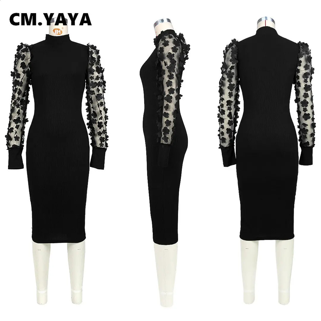 CM.YAYA Elegant Women Floral Applique Mesh Long Sleeve Knit Ribbed Sweater Dress Fashion Autumn Winter Bodycon Dresses Vestidos 240819