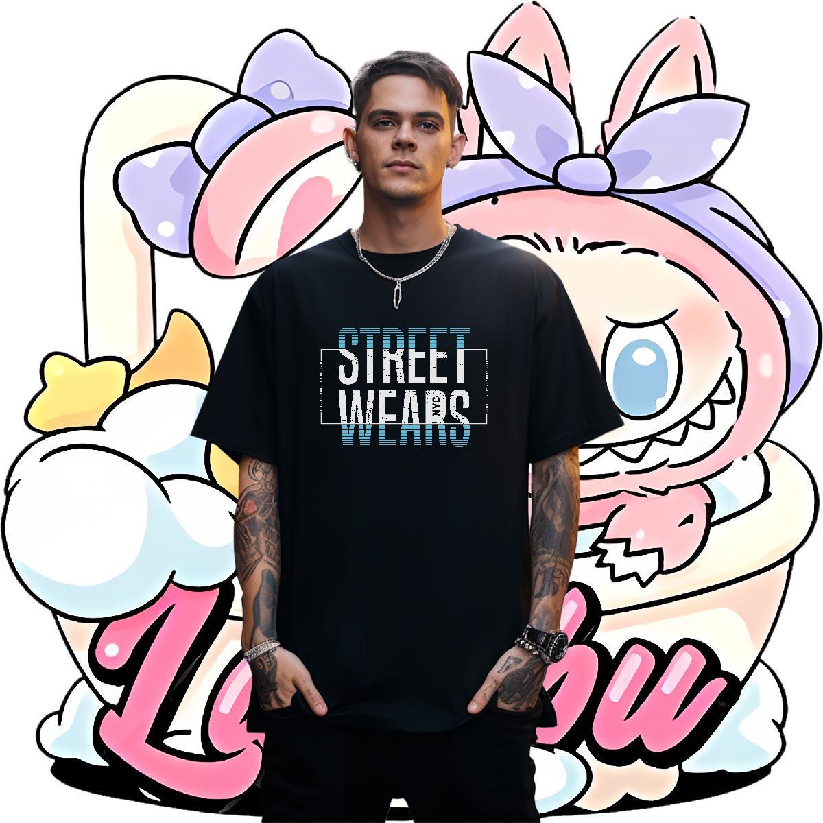 Classic Men Tshirts Sports Casual 230g Pure Cotton Anime Print Crew Neck letter T-Shirts Classic Casual Tops Shirt