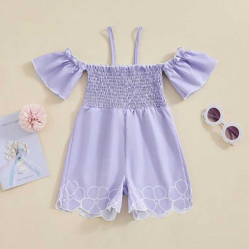 Preschool girl jumpsuit short sleeved spaghetti shoulder strap pleated printed jumpsuit summer clothing W240806