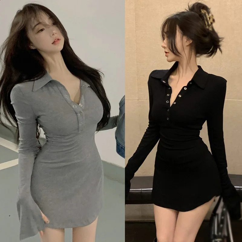 Womens Dress Korean Version Slim Sexy Casual Long Sleeved Buttocks Wrapped Dress 240819