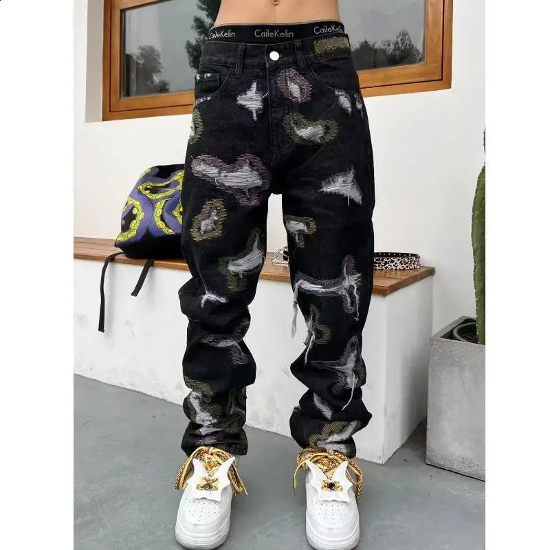 American Heavy Splicing Knife Cut Hole Erosive Patch Jeans Y2k Harajuku High Street Hip Hop Loose Straight Tube Micro-Horn Pants 240819