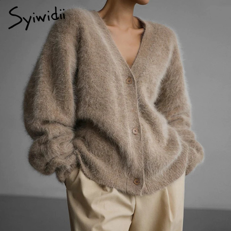 Syiwidii Elegant Knitted Womens Open Skirt Casual Vneck Single Chest Long Sleeve Sweater AutumnWinter Fashion Coat 240819