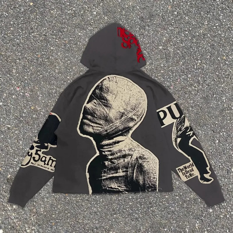 American Harajuku Hip Hop Retro Mummy Graphic Print Oversized Hoodies for Man Gothic Pullover Streetwear Y2K Sweatshirt 240819