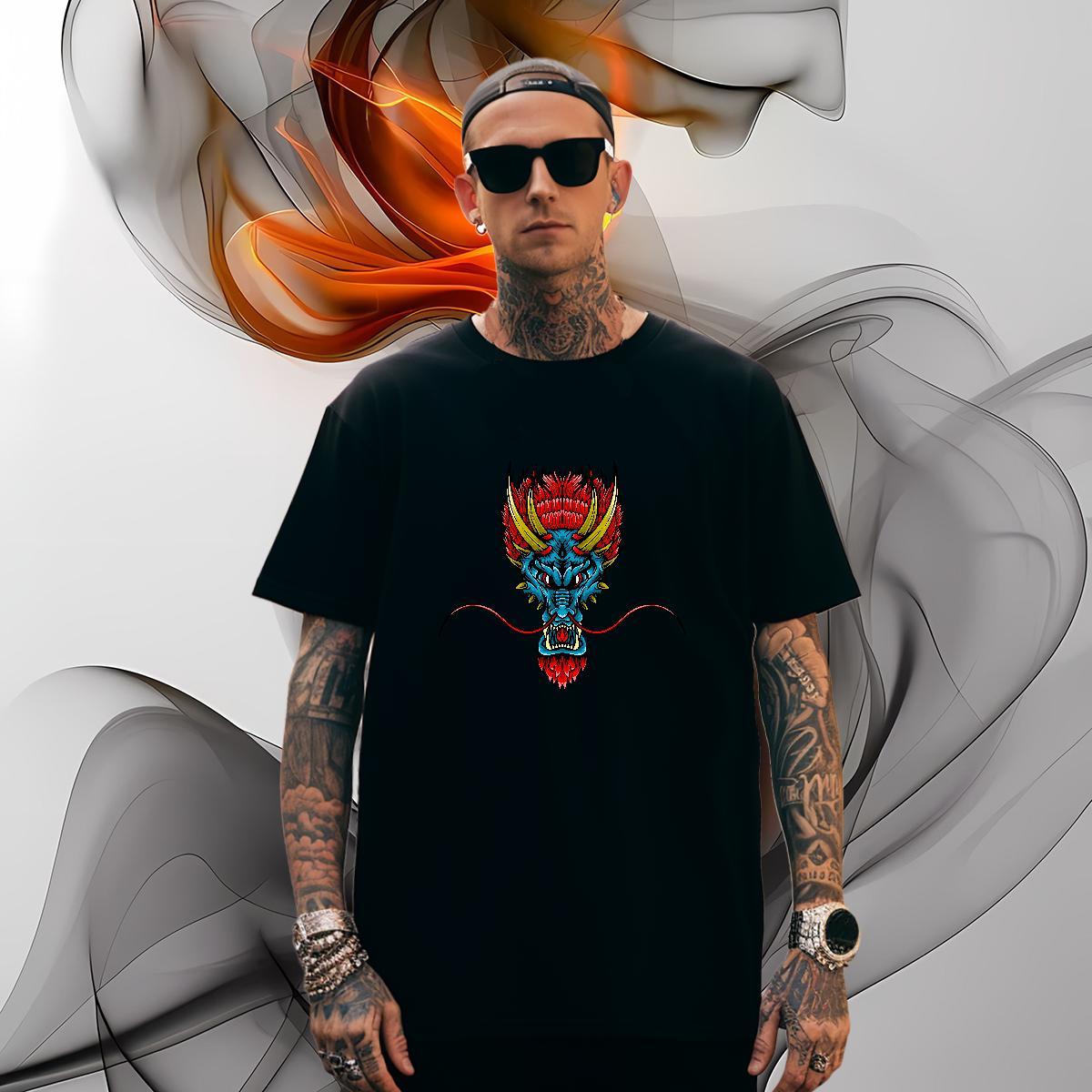 Soft dragon head Men T Shirts Daily Wear Mens Tshirts 230g 100% Cotton Classic Casual Breathable Short Sleeve Plus Size Cartoon Tops