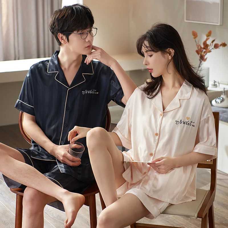 Satin sleepwear womens short sleeved sleepwear mens soft silk button down jacket Pjs short sleeved setW240719