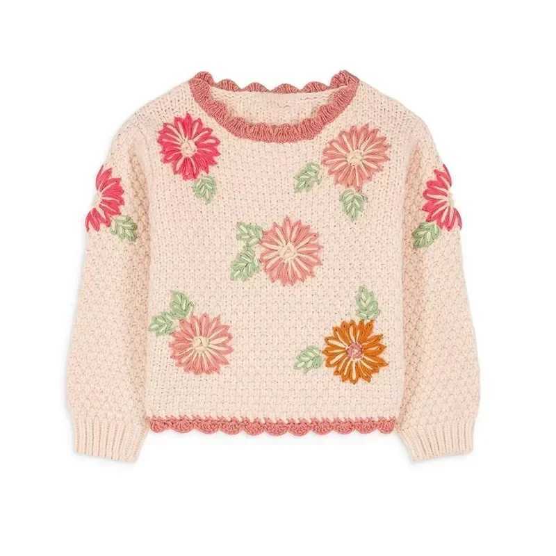 Kids Sweater 2024 Autumn/Winter New LM Girls Flower Embroidered Sweater Long Sleeve Cardigan Sweater Embroidered PantsXJ240819
