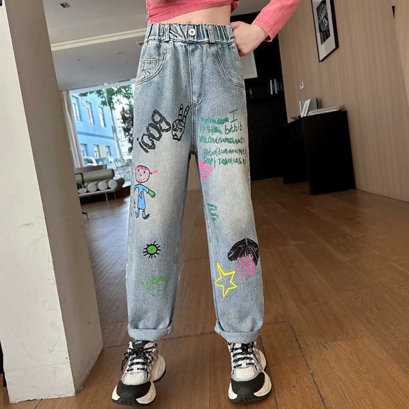 Girls pants printed denim wide leg pants suitable for middle-aged and elderly girls fashionable straight leg pants for 5-14 years oldW240819