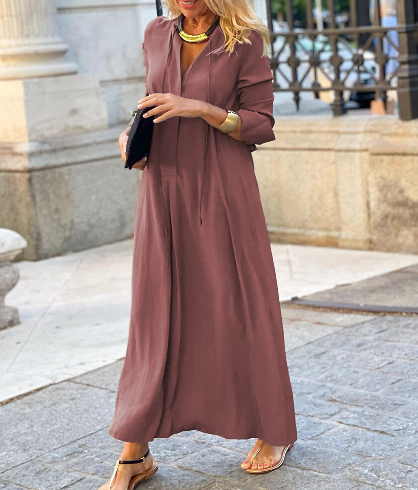 New Large Skirt Solid Color Lapel Long Sleeved Simple Casual Long Shirt Dress
