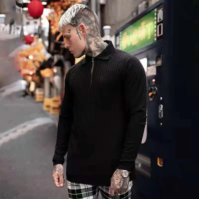 Fashion Long Sleeve Polo Shirt Men Solid Ribbed Printed Casual Lapel Zipper Pullover Tops Slim Men Fitness Polo Shirts 240820