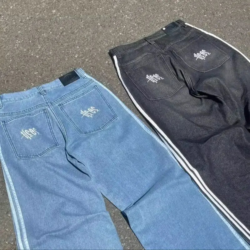 Y2K Harajuku Rare Person Bag Jeans Retro Side Line Embryo Pattern Super Cool Street Gothic Nine Quarter Leg Pants 240819