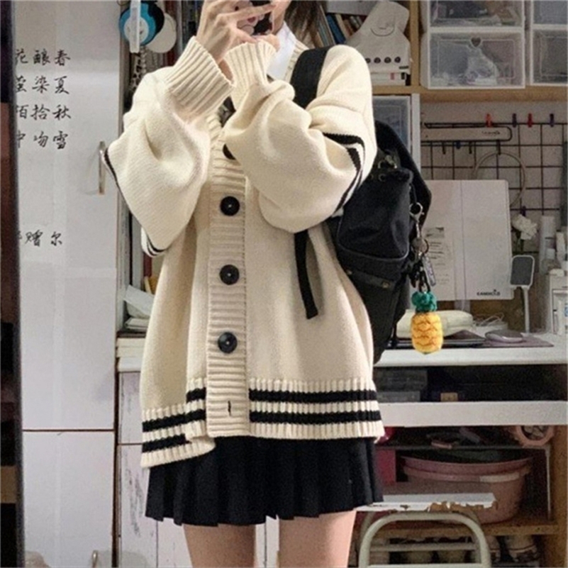 Casual Women Sweater Spring Autumn Korean Striped Long Sleeve Button Loose Cardigan Streetwear Harajuku Y2K Female Knitted Coats 240819