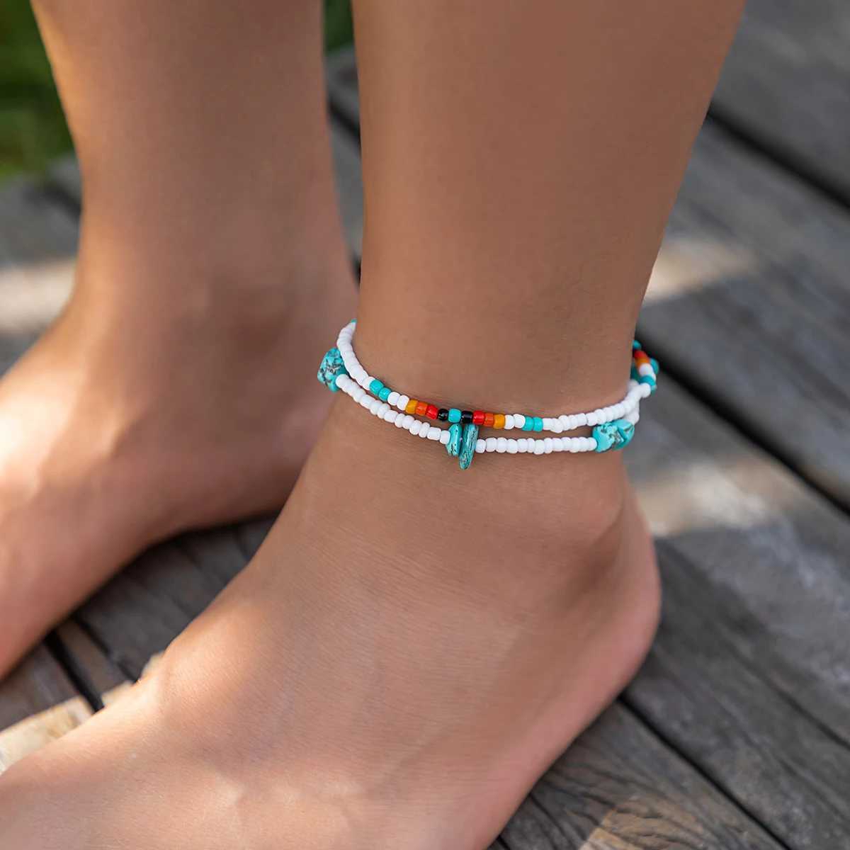 Salicon Bohemian mixed color rice bead anklet chain fashionable geometric natural stone anklet summer beach jewelry W240815
