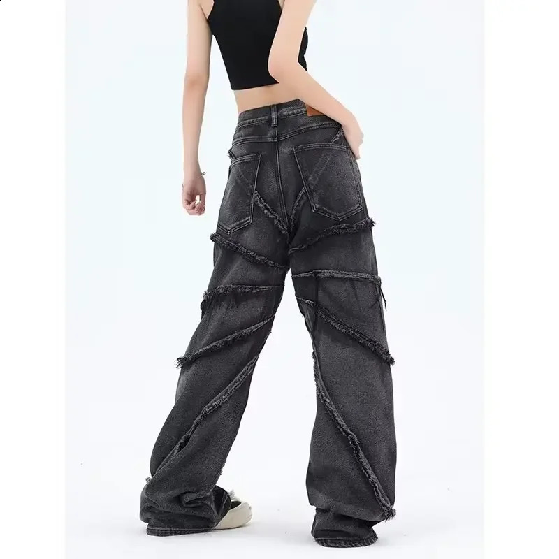 American Style High Street Fringe Jeans For Men Women Loose Fit Destructive Spider Web Casual Fashion Trousers 240814